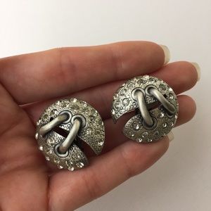 Vintage Rhinestone Silver Lace Up Clip On Earrings